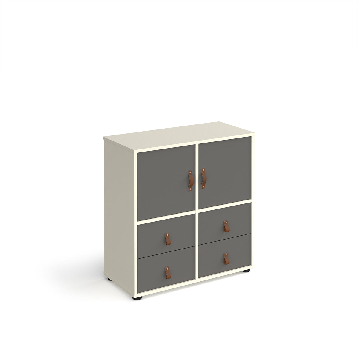 Universal cube storage unit 875mm high on glides with 2 cupboards and 2 sets of drawers - white with grey inserts - view 1