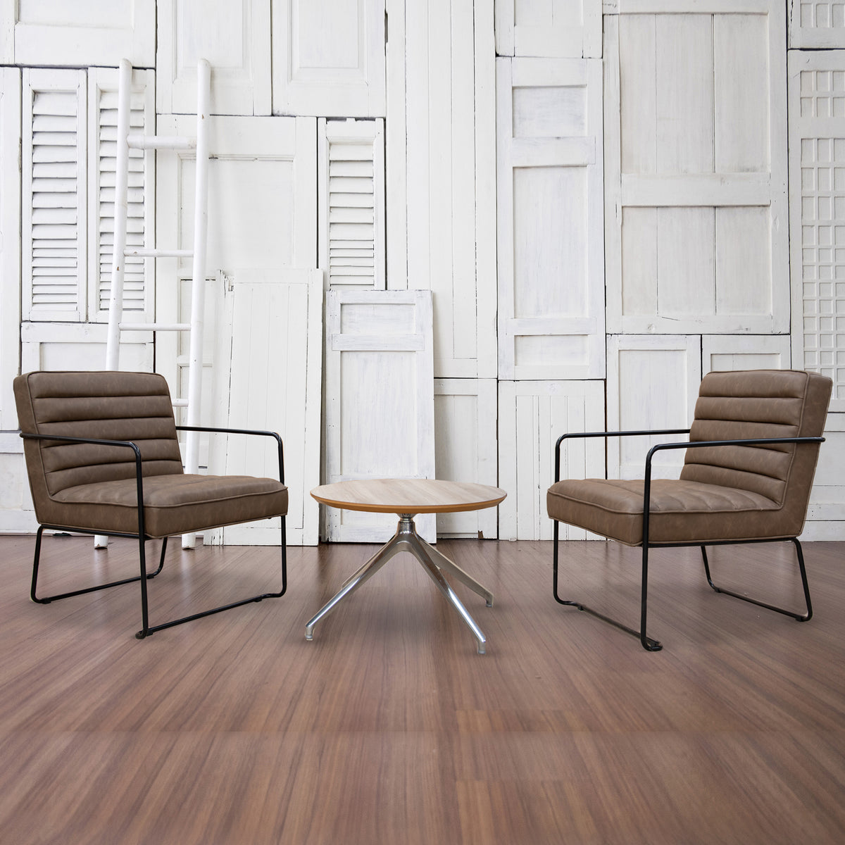 Decco lounge chair with black metal frame - faux brown leather - view 2