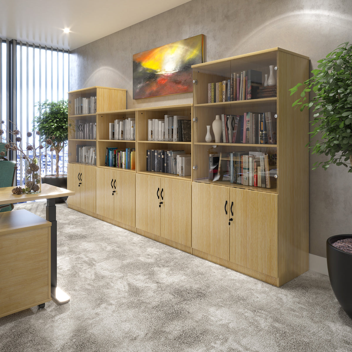 Deluxe combination unit with glass upper doors 1600mm high with 3 shelves - Beech - view 2