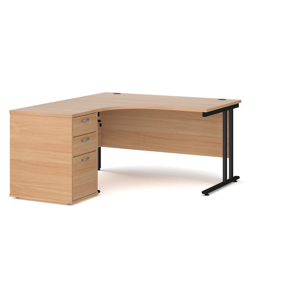 Maestro 25 left hand ergonomic desk 1400mm with black cantilever frame and desk high pedestal - Beech - view 1