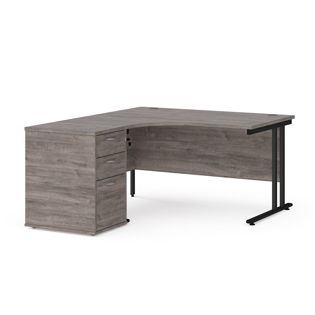 Maestro 25 left hand ergonomic desk 1400mm with black cantilever frame and desk high pedestal - Grey Oak - view 1