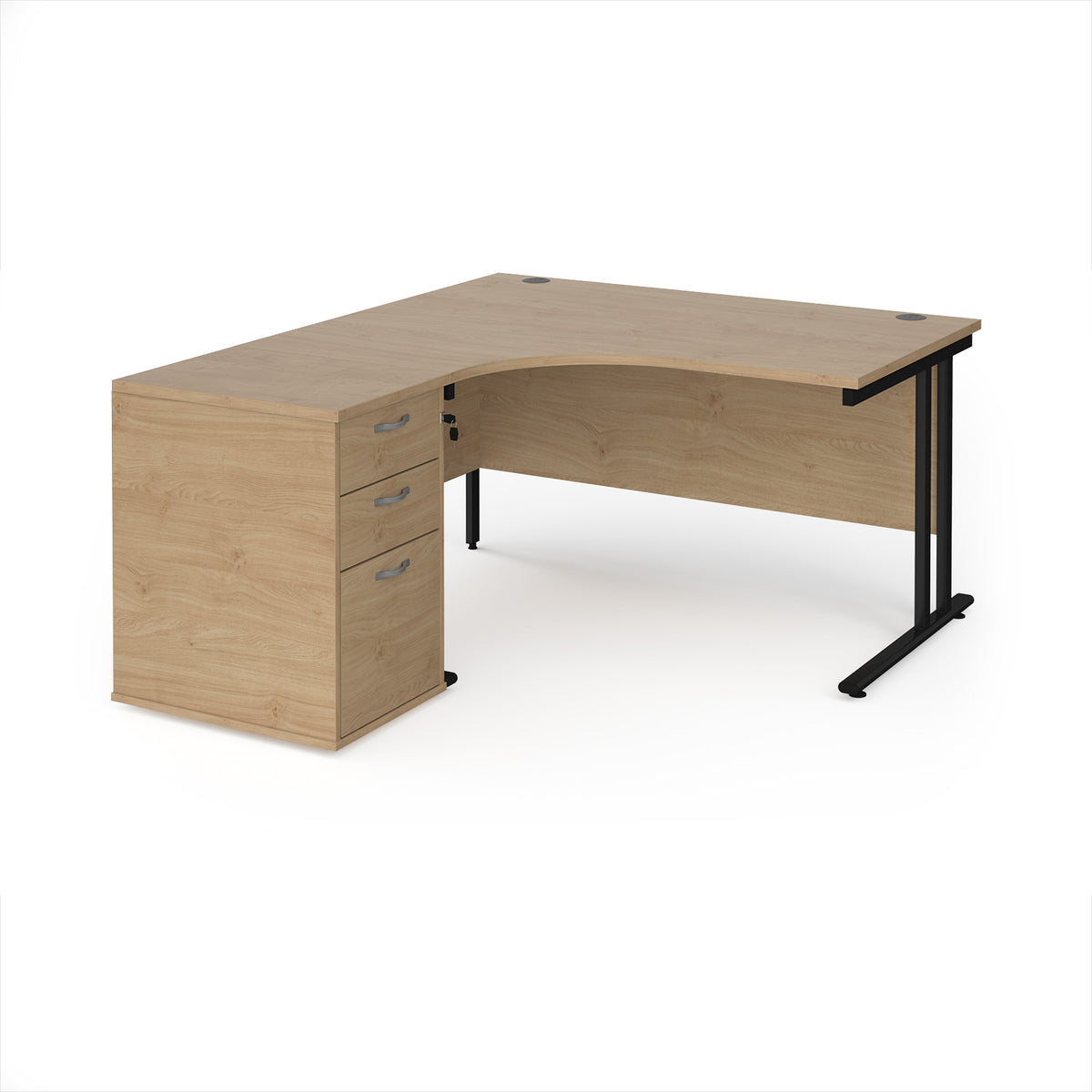 Maestro 25 left hand ergonomic desk 1400mm with black cantilever frame and desk high pedestal - Kendal Oak - view 1