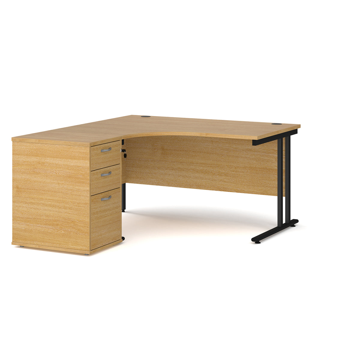 Maestro 25 left hand ergonomic desk 1400mm with black cantilever frame and desk high pedestal - oak - view 1