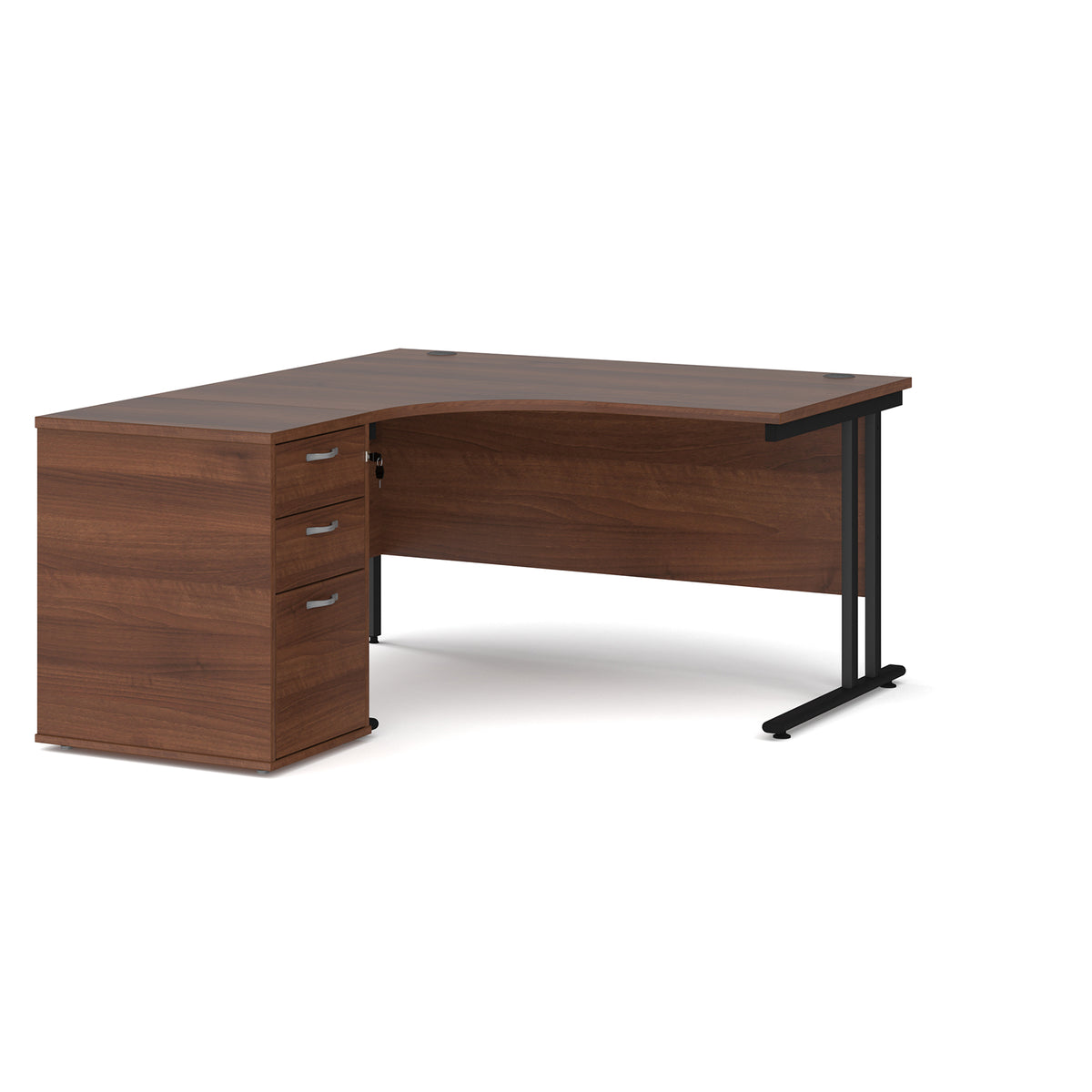 Maestro 25 left hand ergonomic desk 1400mm with black cantilever frame and desk high pedestal - Walnut - view 1