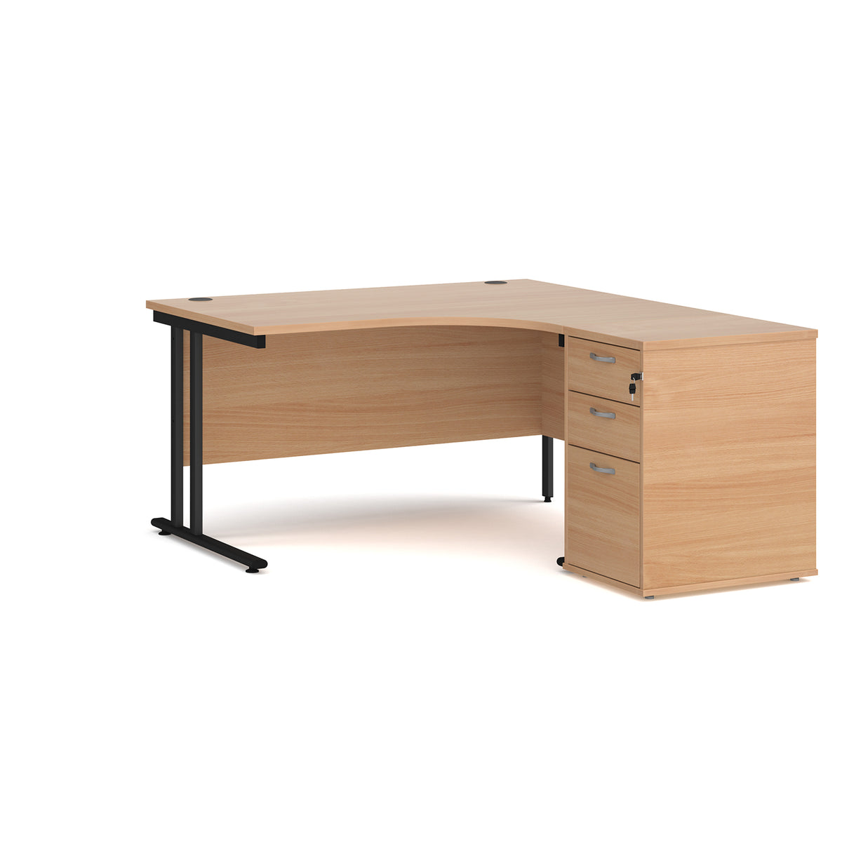 Maestro 25 right hand ergonomic desk 1400mm with black cantilever frame and desk high pedestal - Beech - view 1