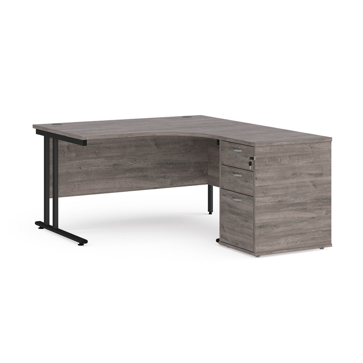 Maestro 25 right hand ergonomic desk 1400mm with black cantilever frame and desk high pedestal - Grey Oak - view 1