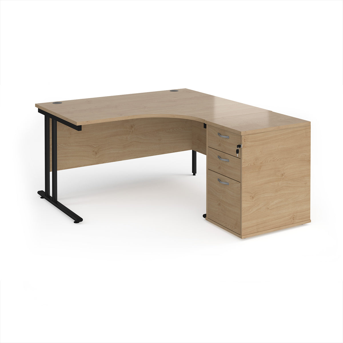 Maestro 25 right hand ergonomic desk 1400mm with black cantilever frame and desk high pedestal - Kendal Oak - view 1