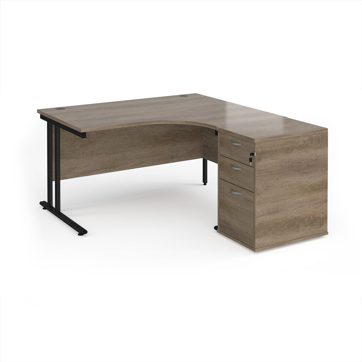 Maestro 25 right hand ergonomic desk 1400mm with black cantilever frame and desk high pedestal - Nebraska Oak - view 1