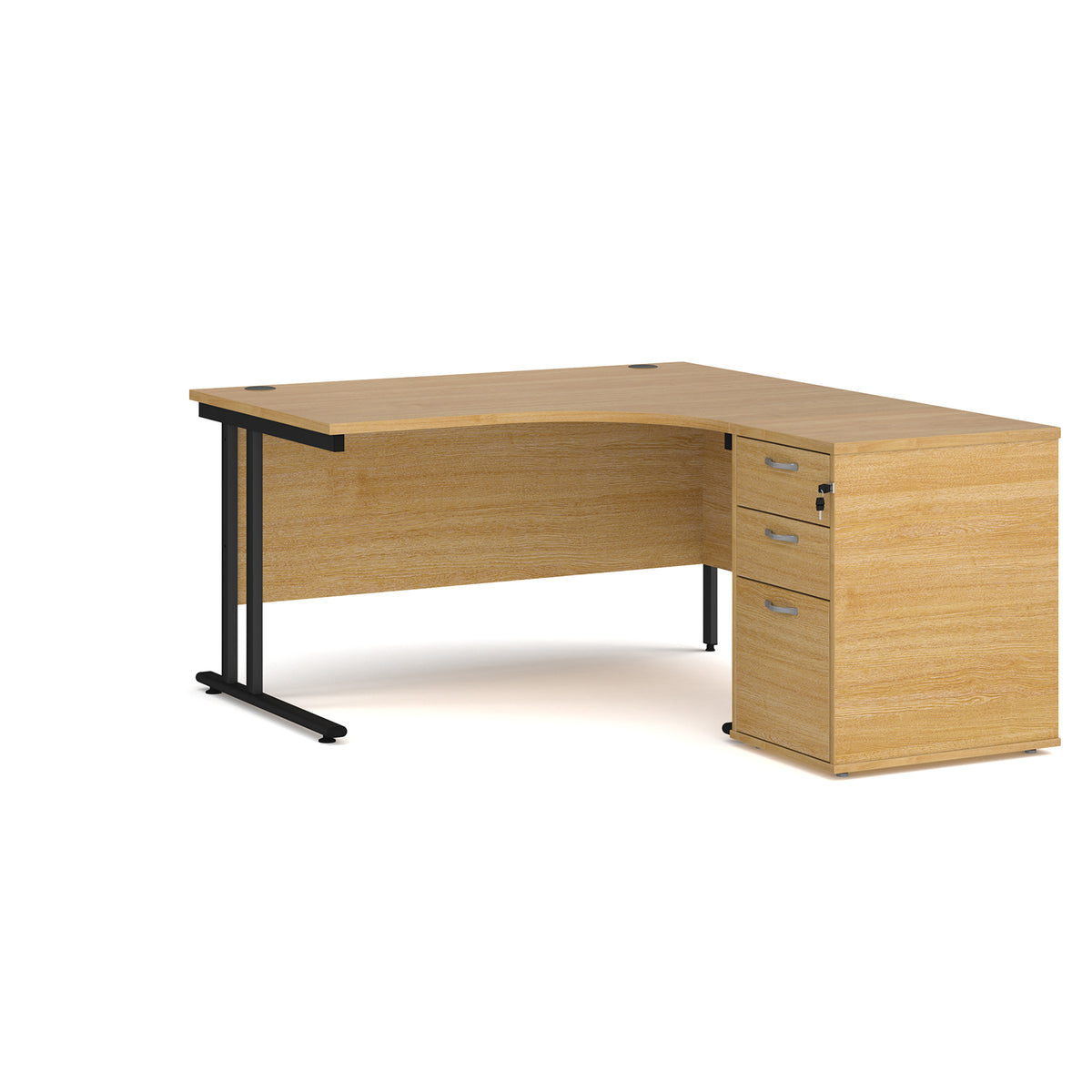 Maestro 25 right hand ergonomic desk 1400mm with black cantilever frame and desk high pedestal - oak - view 1
