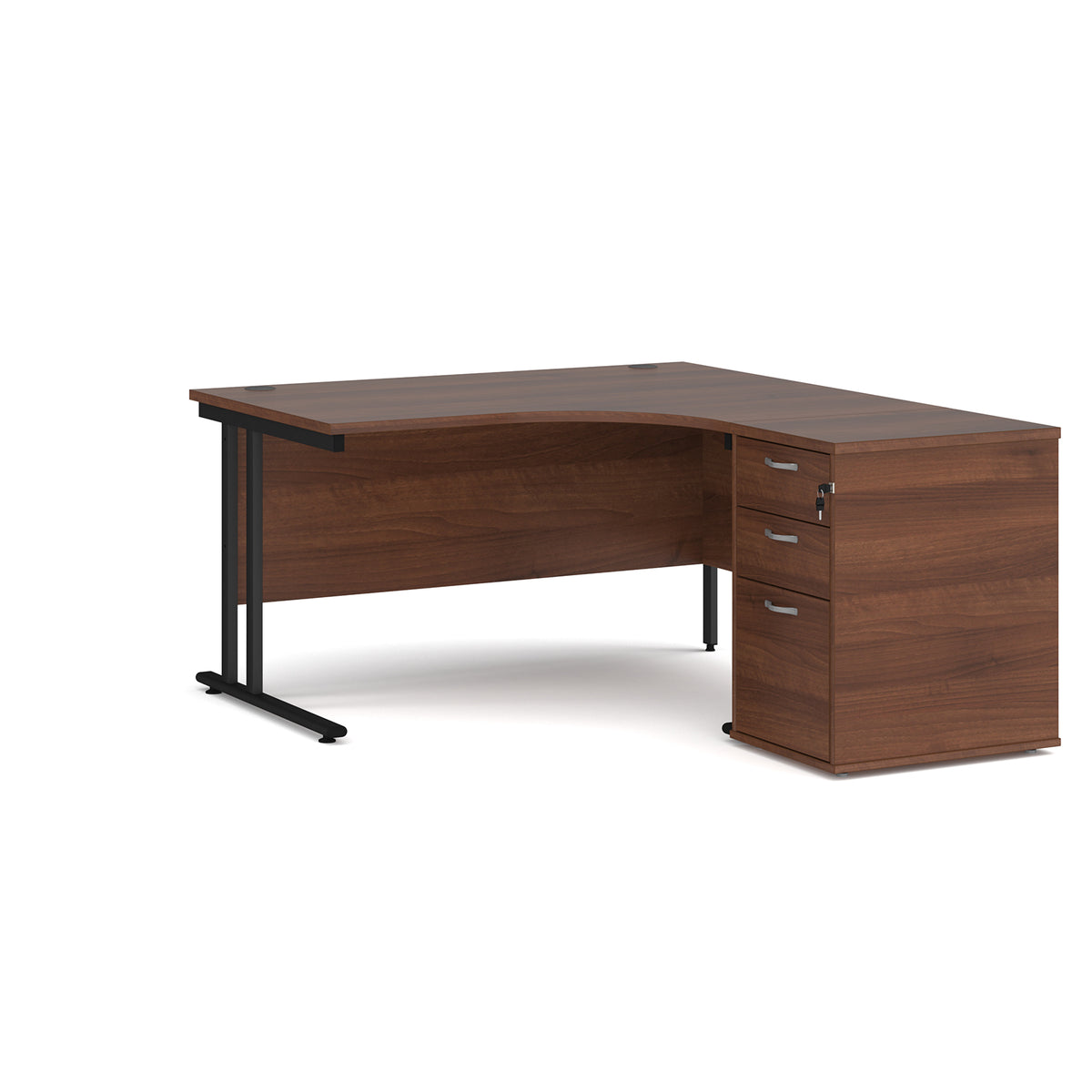 Maestro 25 right hand ergonomic desk 1400mm with black cantilever frame and desk high pedestal - Walnut - view 1