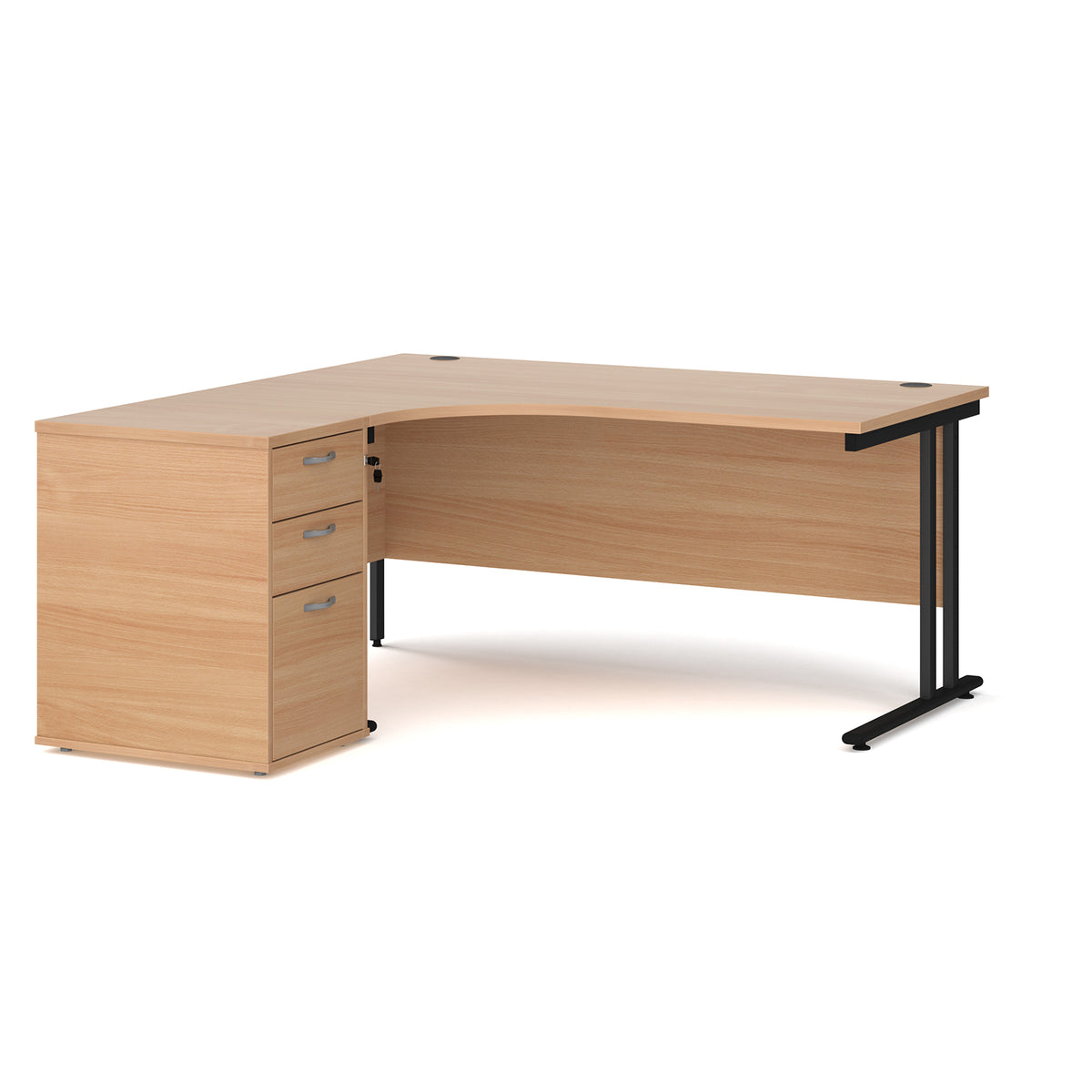 Maestro 25 left hand ergonomic desk 1600mm with black cantilever frame and desk high pedestal - Beech - view 1