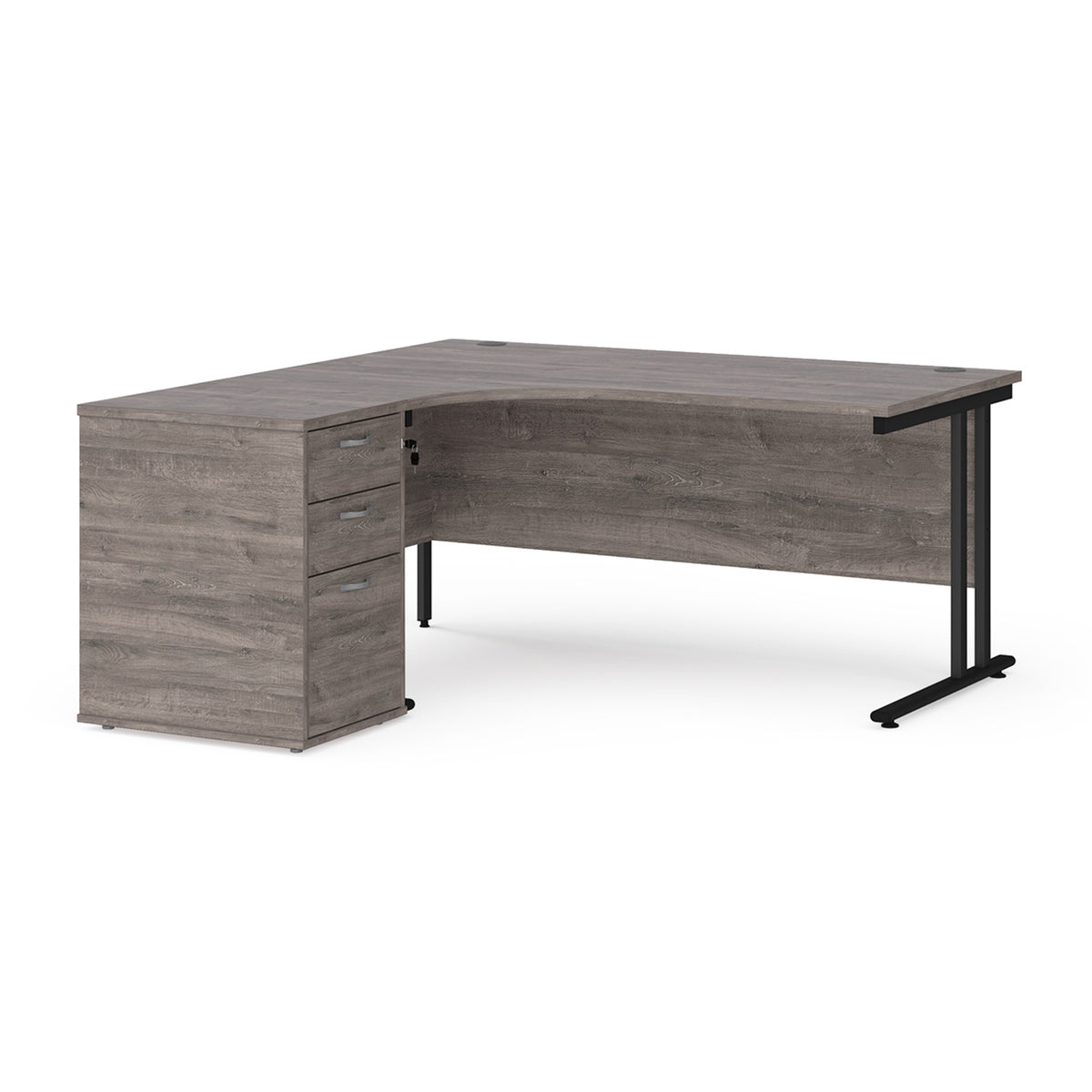 Maestro 25 left hand ergonomic desk 1600mm with black cantilever frame and desk high pedestal - Grey Oak - view 1