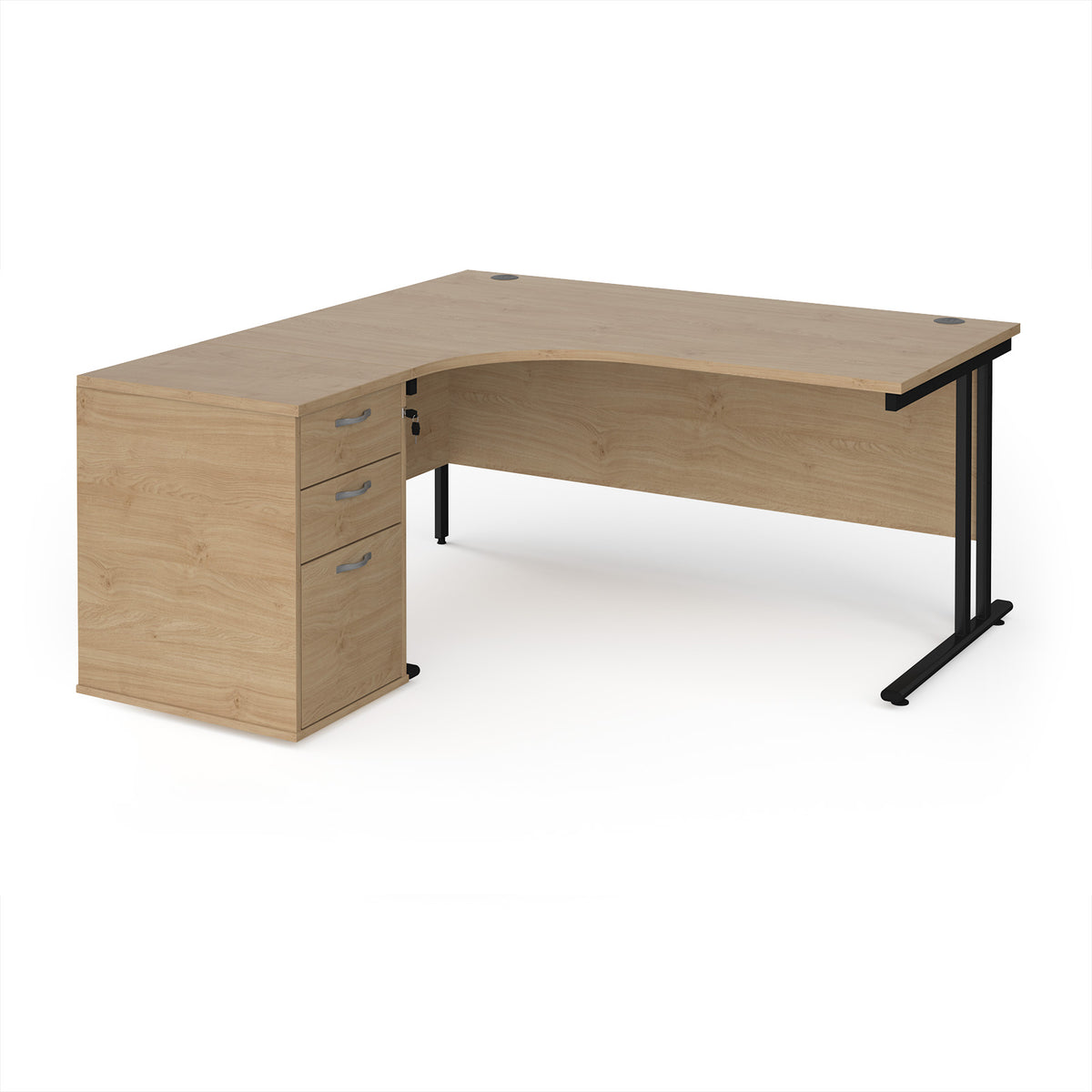 Maestro 25 left hand ergonomic desk 1600mm with black cantilever frame and desk high pedestal - Kendal Oak - view 1