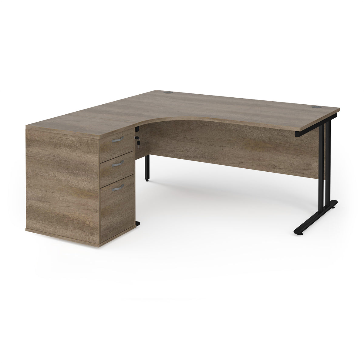 Maestro 25 left hand ergonomic desk 1600mm with black cantilever frame and desk high pedestal - Nebraska Oak - view 1