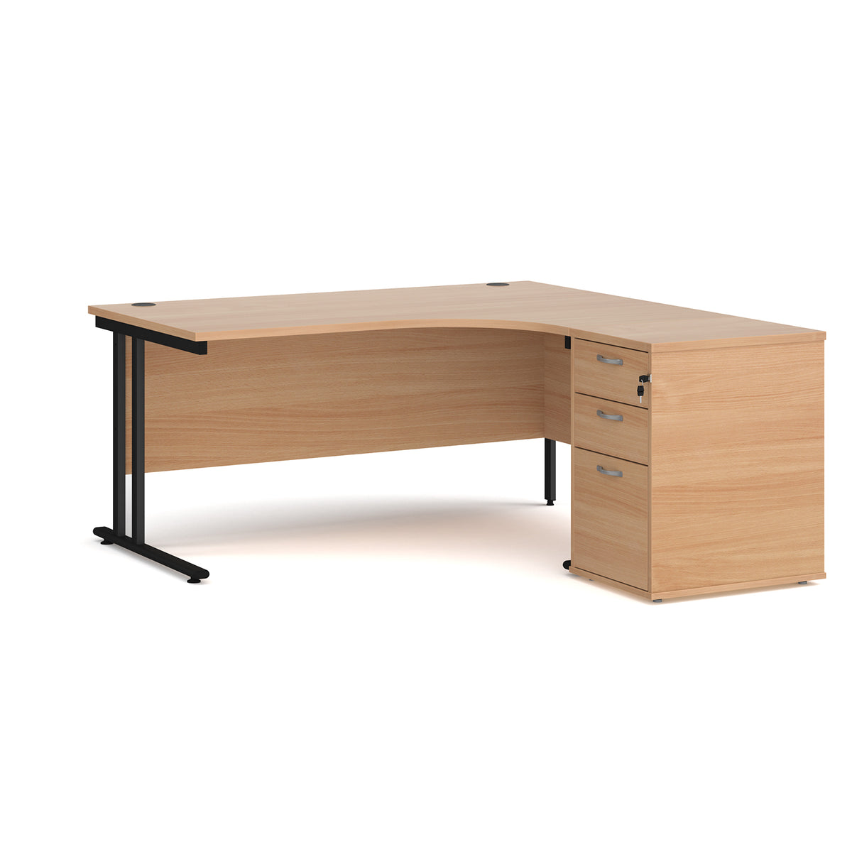 Maestro 25 right hand ergonomic desk 1600mm with black cantilever frame and desk high pedestal - Beech - view 1