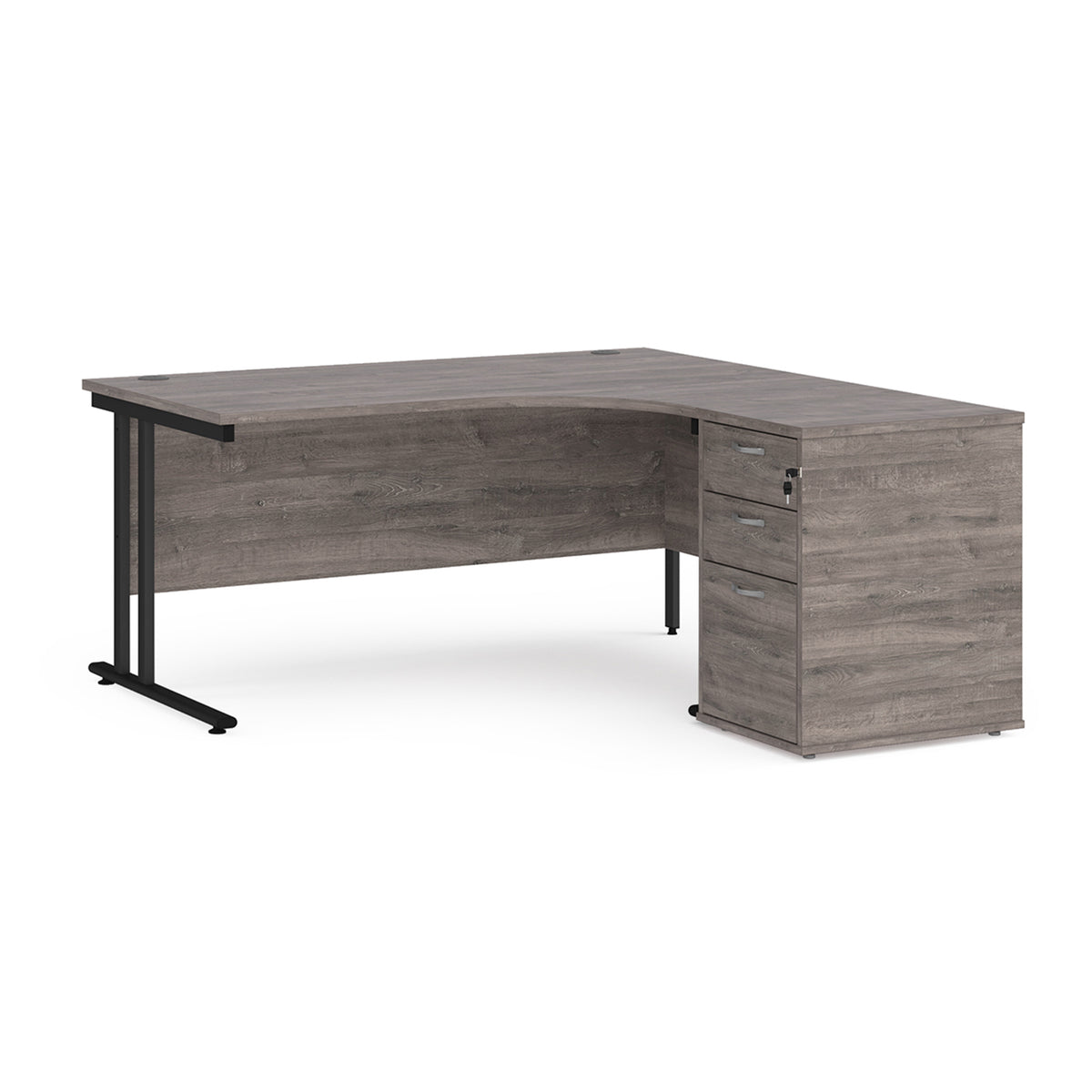 Maestro 25 right hand ergonomic desk 1600mm with black cantilever frame and desk high pedestal - Grey Oak - view 1