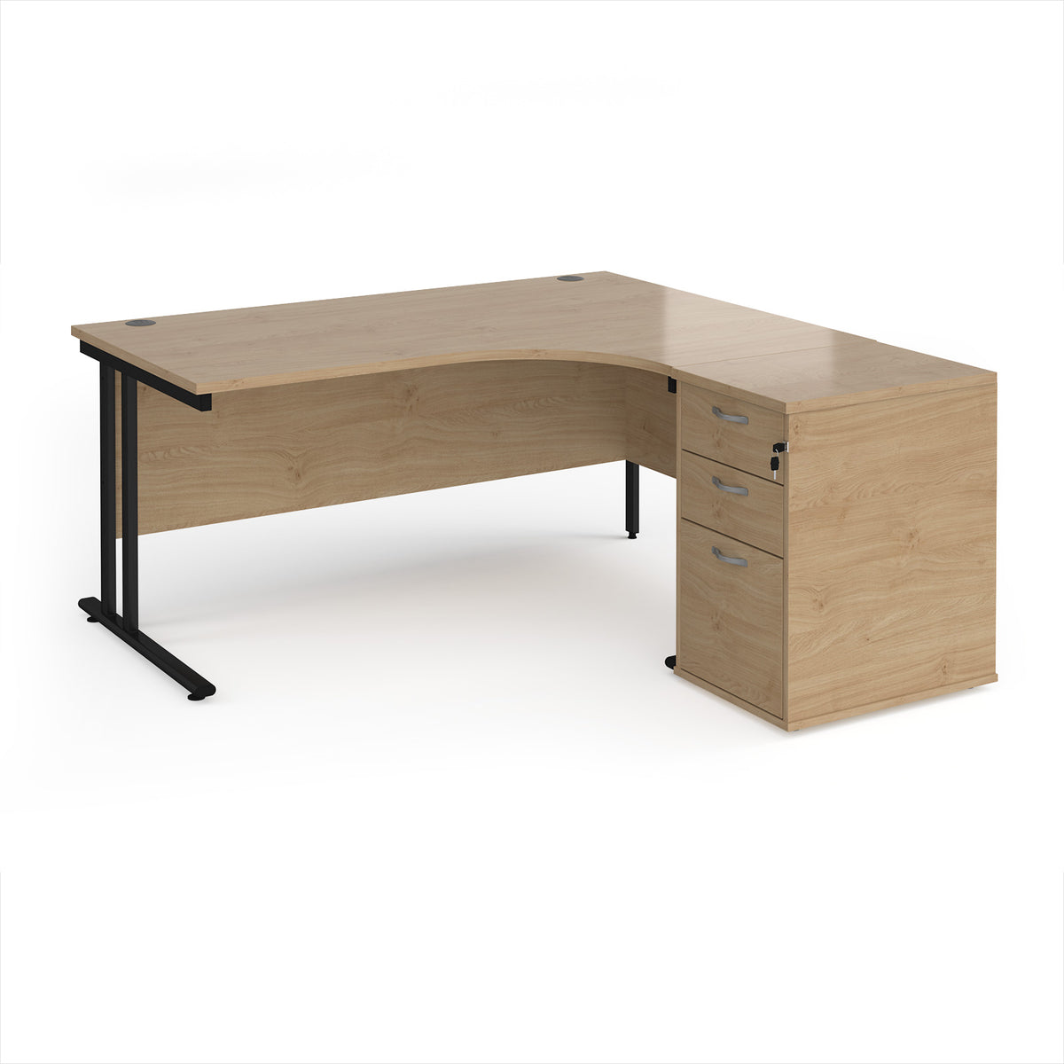 Maestro 25 right hand ergonomic desk 1600mm with black cantilever frame and desk high pedestal - Kendal Oak - view 1