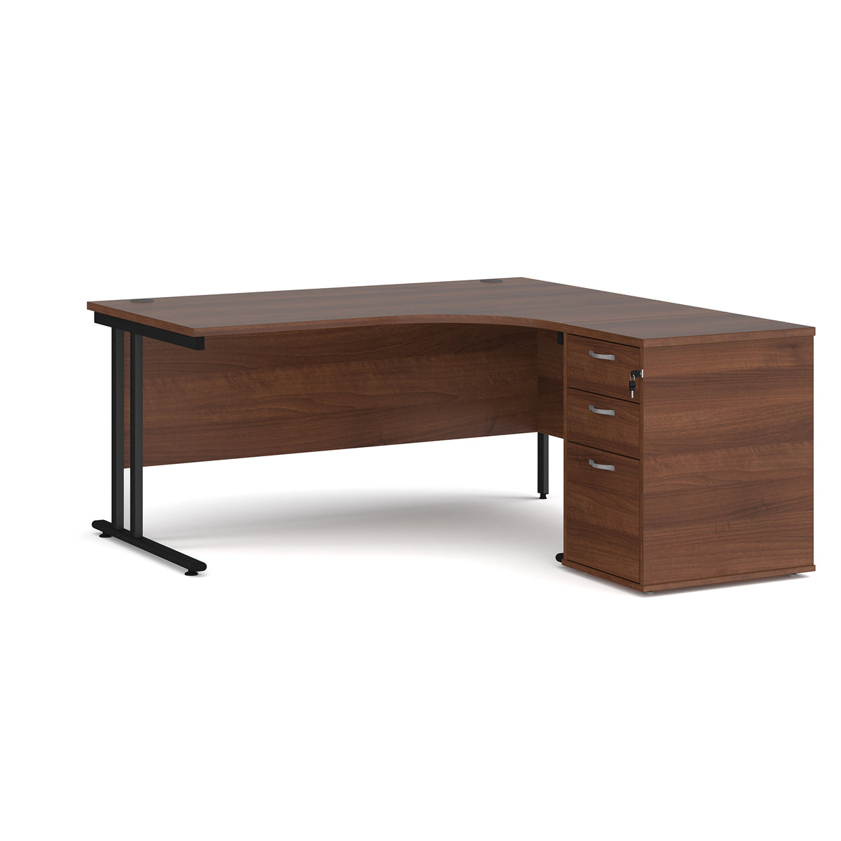 Maestro 25 right hand ergonomic desk 1600mm with black cantilever frame and desk high pedestal - Walnut - view 1