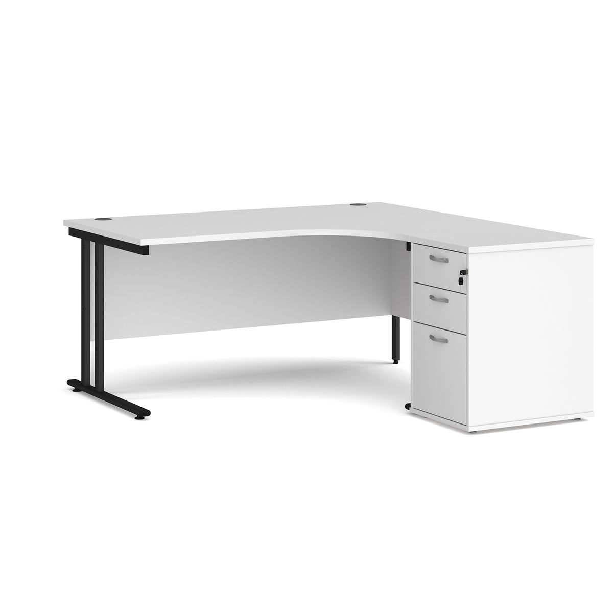 Maestro 25 right hand ergonomic desk 1600mm with black cantilever frame and desk high pedestal - white - view 1