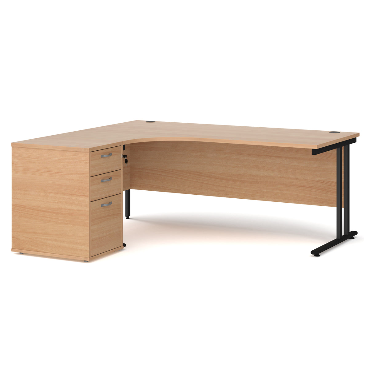 Maestro 25 left hand ergonomic desk 1800mm with black cantilever frame and desk high pedestal - Beech - view 1