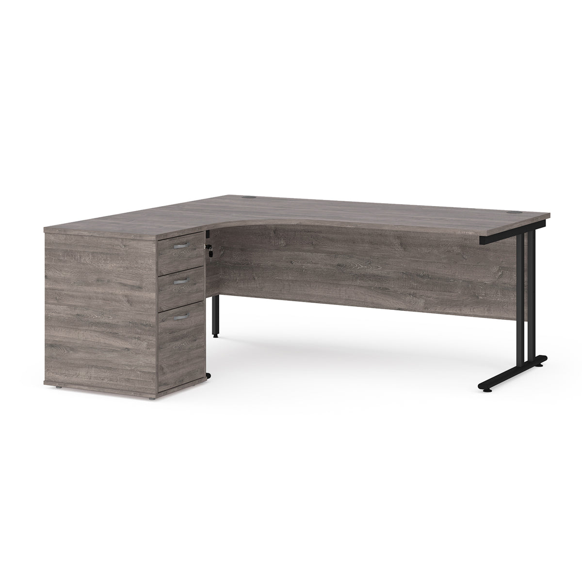 Maestro 25 left hand ergonomic desk 1800mm with black cantilever frame and desk high pedestal - Grey Oak - view 1