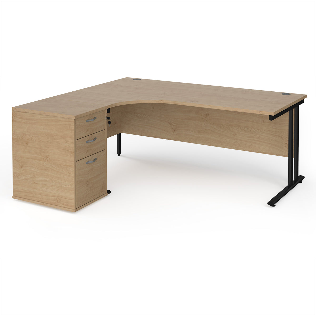 Maestro 25 left hand ergonomic desk 1800mm with black cantilever frame and desk high pedestal - Kendal Oak - view 1