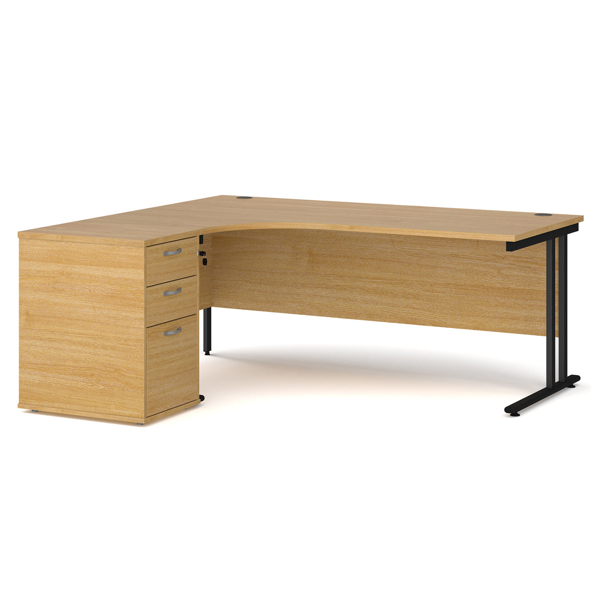 Maestro 25 left hand ergonomic desk 1800mm with black cantilever frame and desk high pedestal - oak - view 1