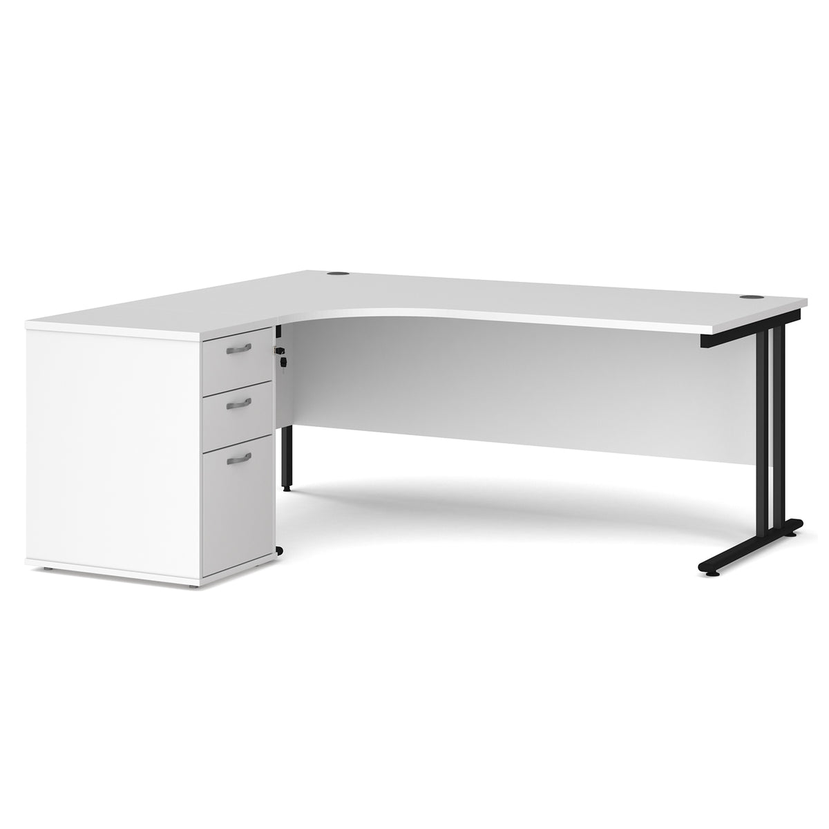 Maestro 25 left hand ergonomic desk 1800mm with black cantilever frame and desk high pedestal - white - view 1