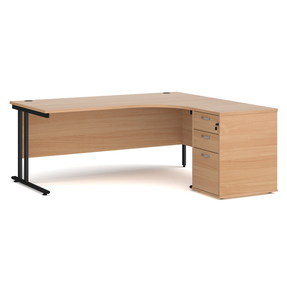 Maestro 25 right hand ergonomic desk 1800mm with black cantilever frame and desk high pedestal - Beech - view 1