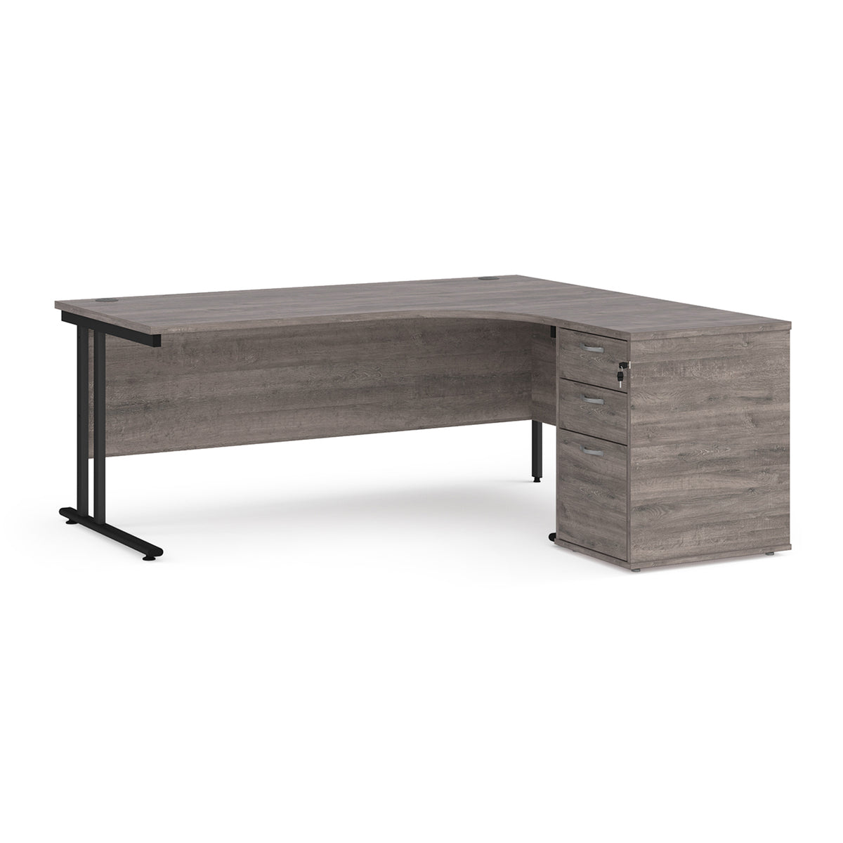 Maestro 25 right hand ergonomic desk 1800mm with black cantilever frame and desk high pedestal - Grey Oak - view 1