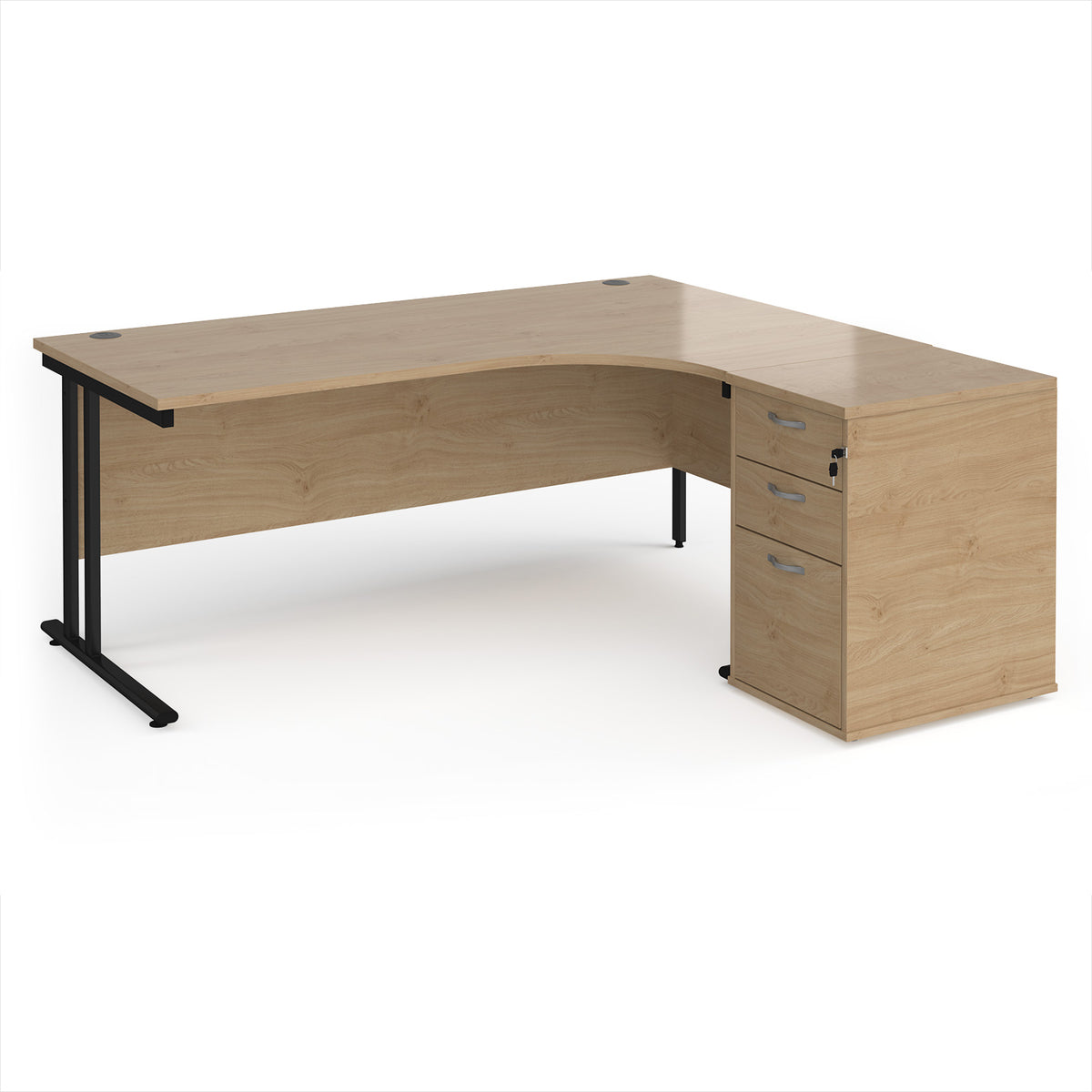Maestro 25 right hand ergonomic desk 1800mm with black cantilever frame and desk high pedestal - Kendal Oak - view 1