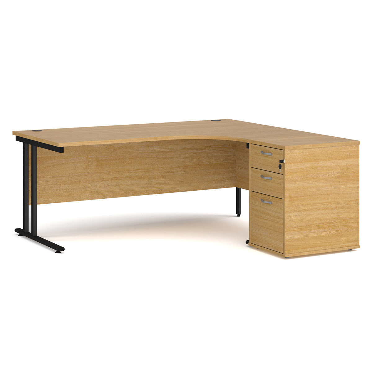 Maestro 25 right hand ergonomic desk 1800mm with black cantilever frame and desk high pedestal - oak - view 1