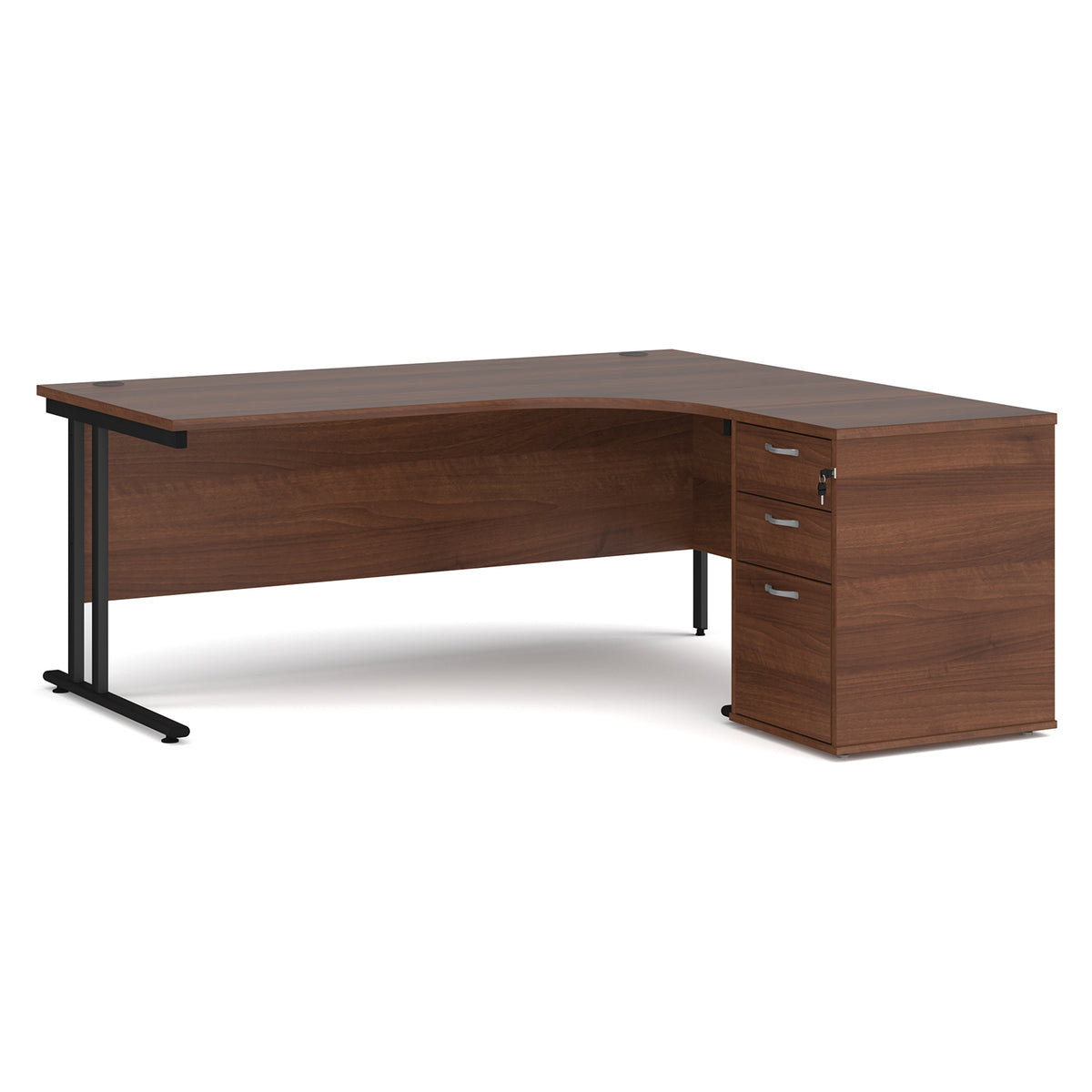 Maestro 25 right hand ergonomic desk 1800mm with black cantilever frame and desk high pedestal - Walnut - view 1