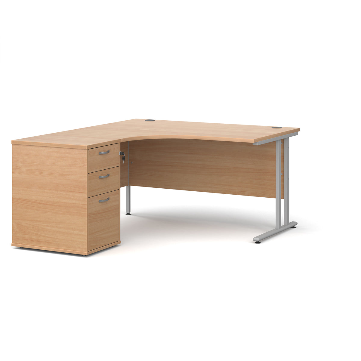 Maestro 25 left hand ergonomic desk 1400mm with silver cantilever frame and desk high pedestal - Beech - view 1