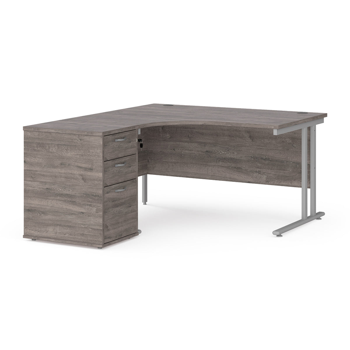 Maestro 25 left hand ergonomic desk 1400mm with silver cantilever frame and desk high pedestal - Grey Oak - view 1