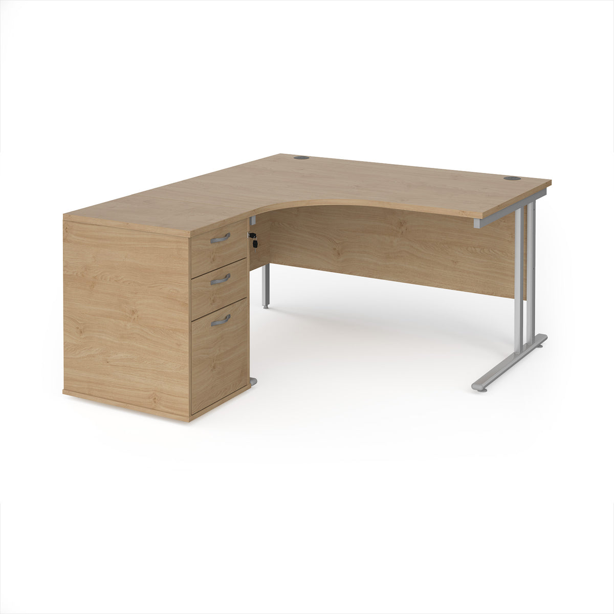 Maestro 25 left hand ergonomic desk 1400mm with silver cantilever frame and desk high pedestal - Kendal Oak - view 1