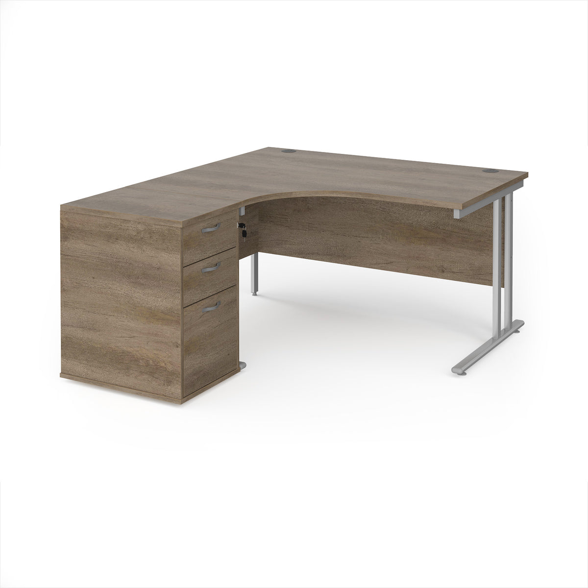 Maestro 25 left hand ergonomic desk 1400mm with silver cantilever frame and desk high pedestal - Nebraska Oak - view 1