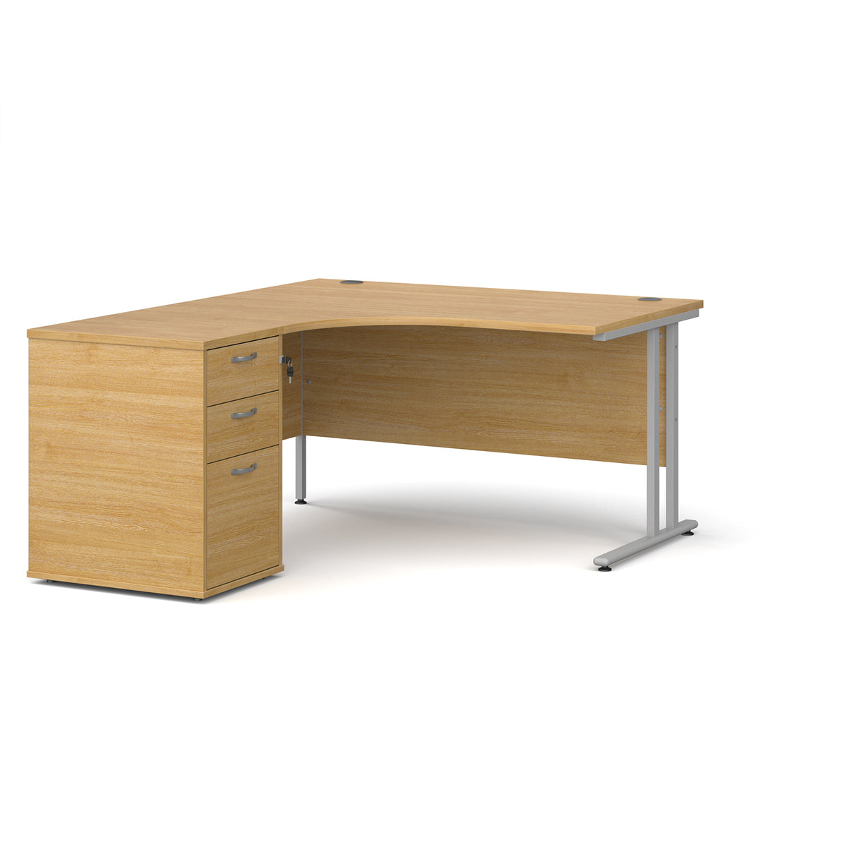 Maestro 25 left hand ergonomic desk 1400mm with silver cantilever frame and desk high pedestal - oak - view 1