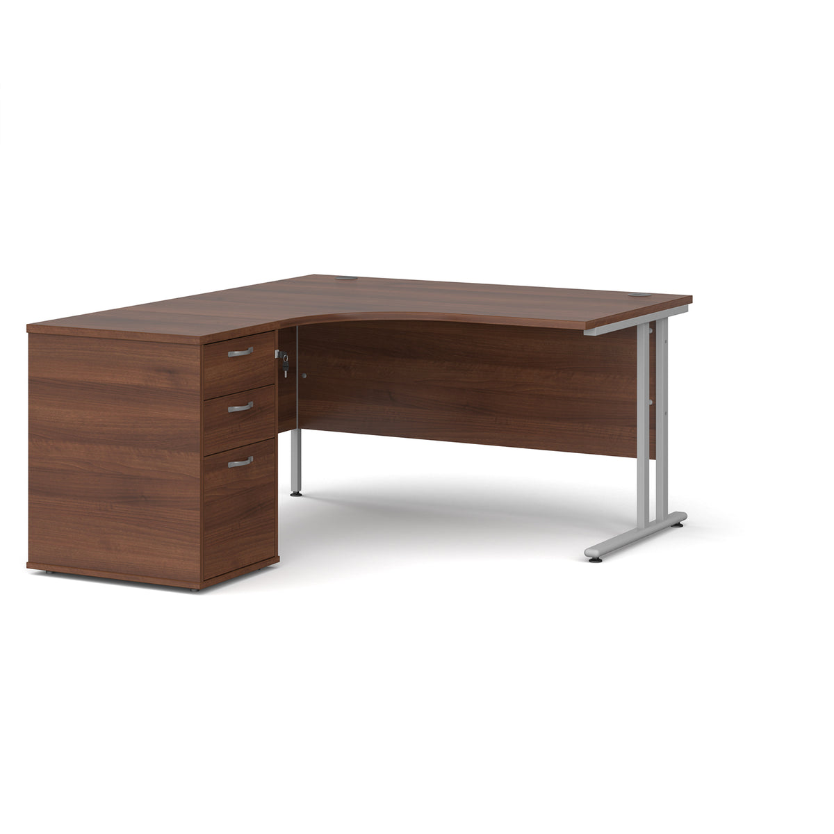 Maestro 25 left hand ergonomic desk 1400mm with silver cantilever frame and desk high pedestal - Walnut - view 1