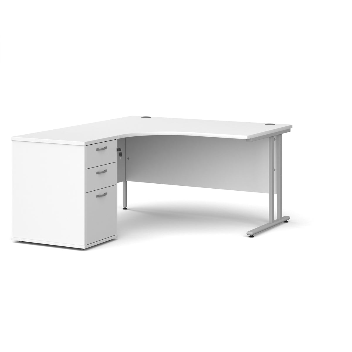 Maestro 25 left hand ergonomic desk 1400mm with silver cantilever frame and desk high pedestal - white - view 1