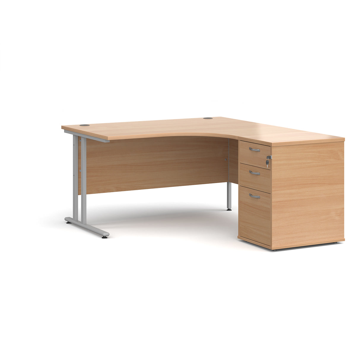 Maestro 25 right hand ergonomic desk 1400mm with silver cantilever frame and desk high pedestal - Beech - view 1