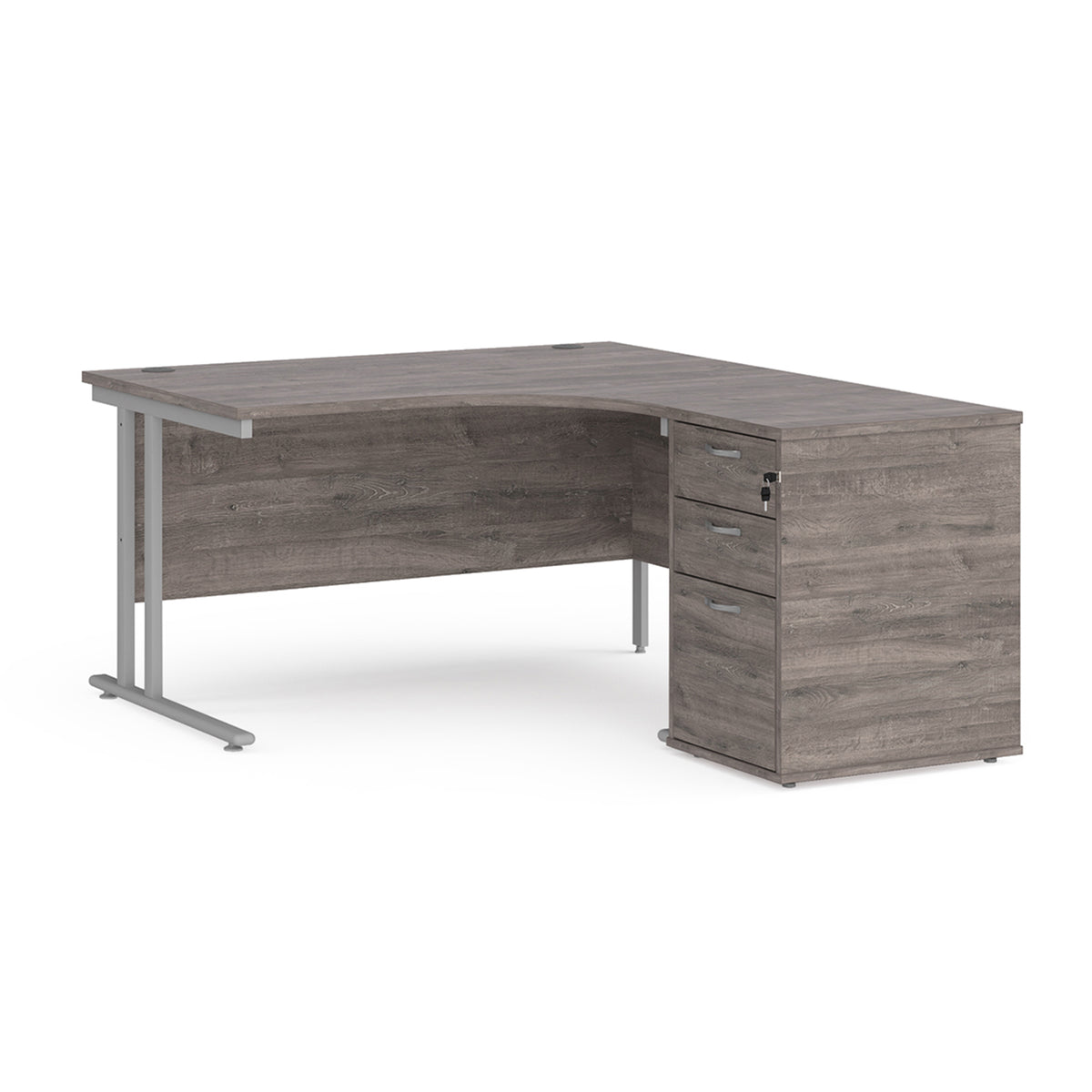 Maestro 25 right hand ergonomic desk 1400mm with silver cantilever frame and desk high pedestal - Grey Oak - view 1