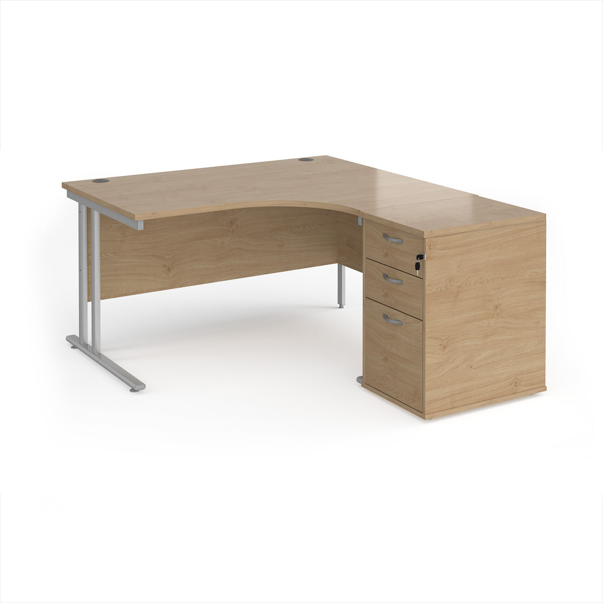 Maestro 25 right hand ergonomic desk 1400mm with silver cantilever frame and desk high pedestal - Kendal Oak - view 1