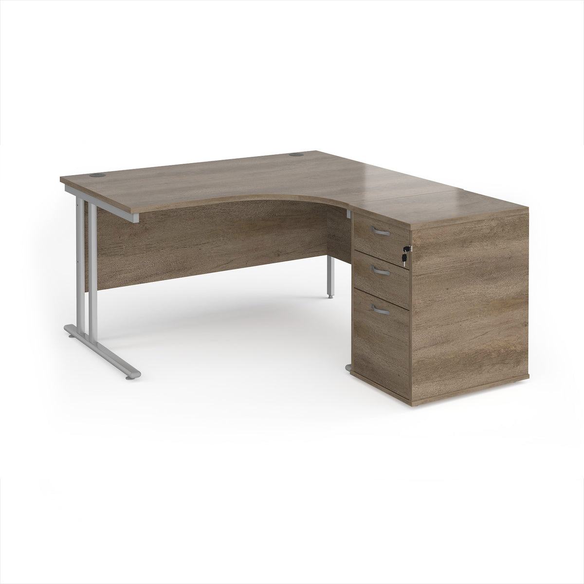 Maestro 25 right hand ergonomic desk 1400mm with silver cantilever frame and desk high pedestal - Nebraska Oak - view 1