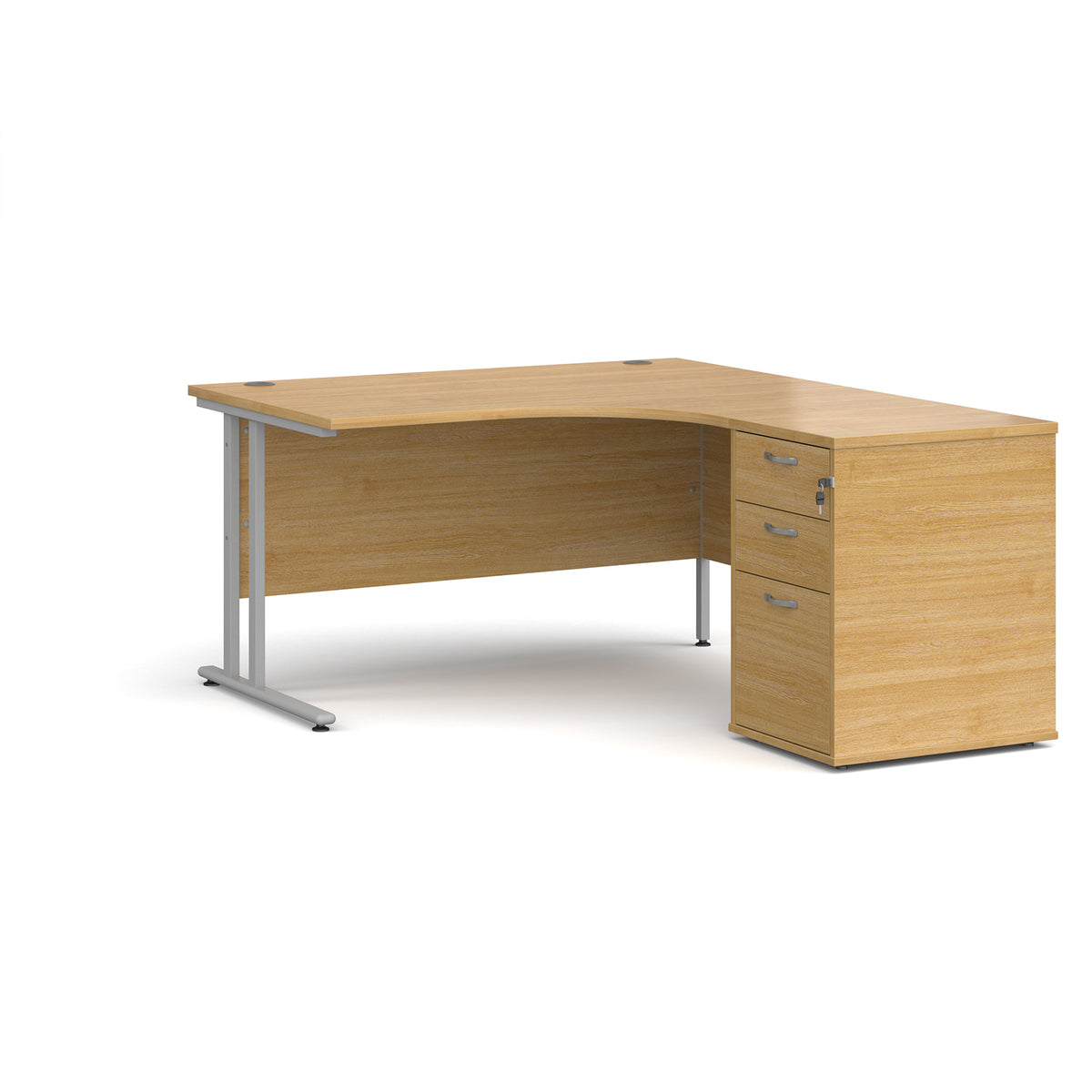 Maestro 25 right hand ergonomic desk 1400mm with silver cantilever frame and desk high pedestal - oak - view 1