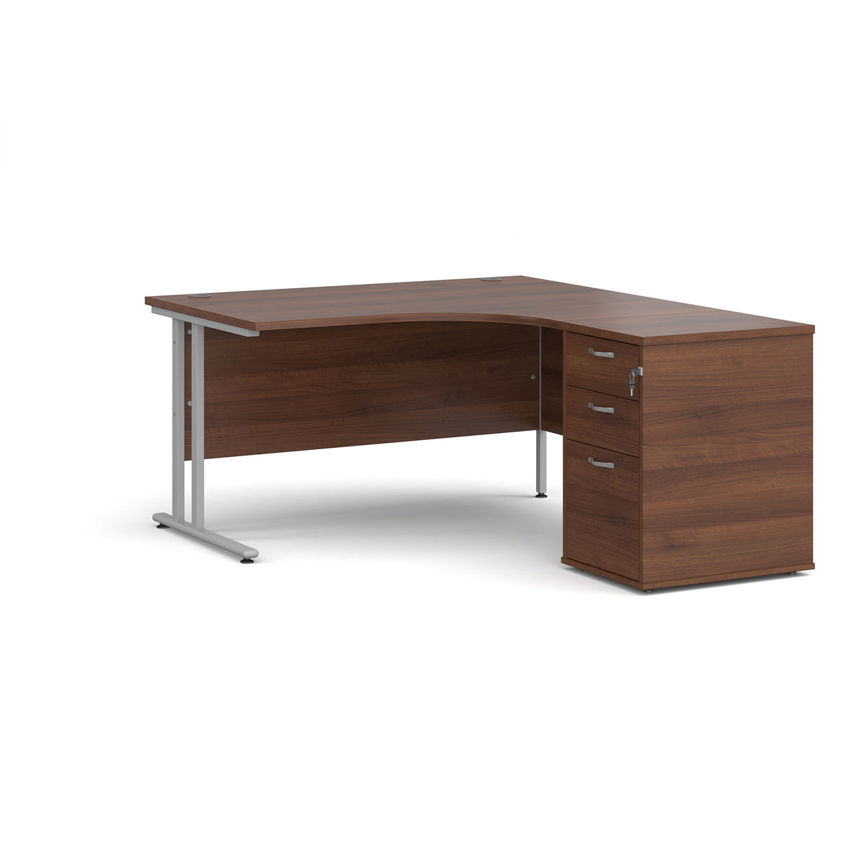 Maestro 25 right hand ergonomic desk 1400mm with silver cantilever frame and desk high pedestal - Walnut - view 1