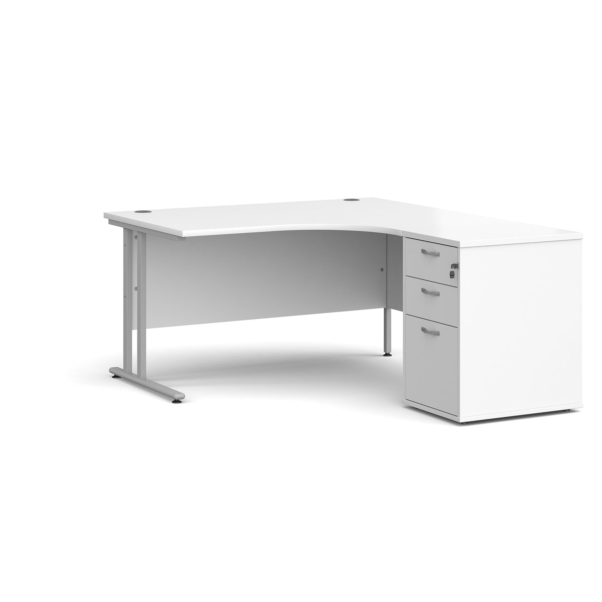 Maestro 25 right hand ergonomic desk 1400mm with silver cantilever frame and desk high pedestal - white - view 1