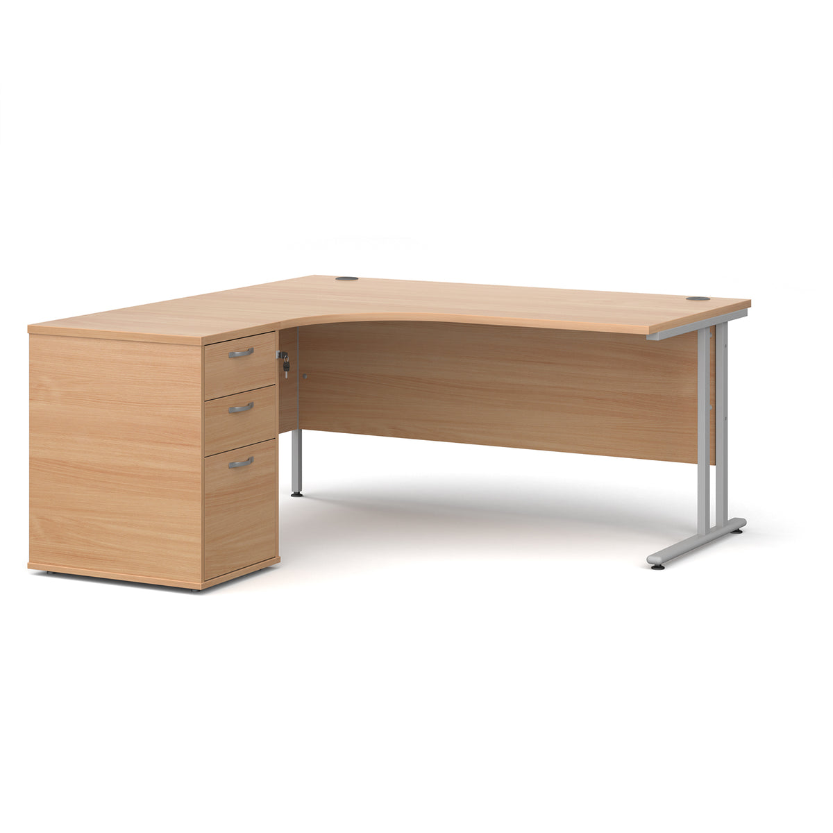 Maestro 25 left hand ergonomic desk 1600mm with silver cantilever frame and desk high pedestal - Beech - view 1