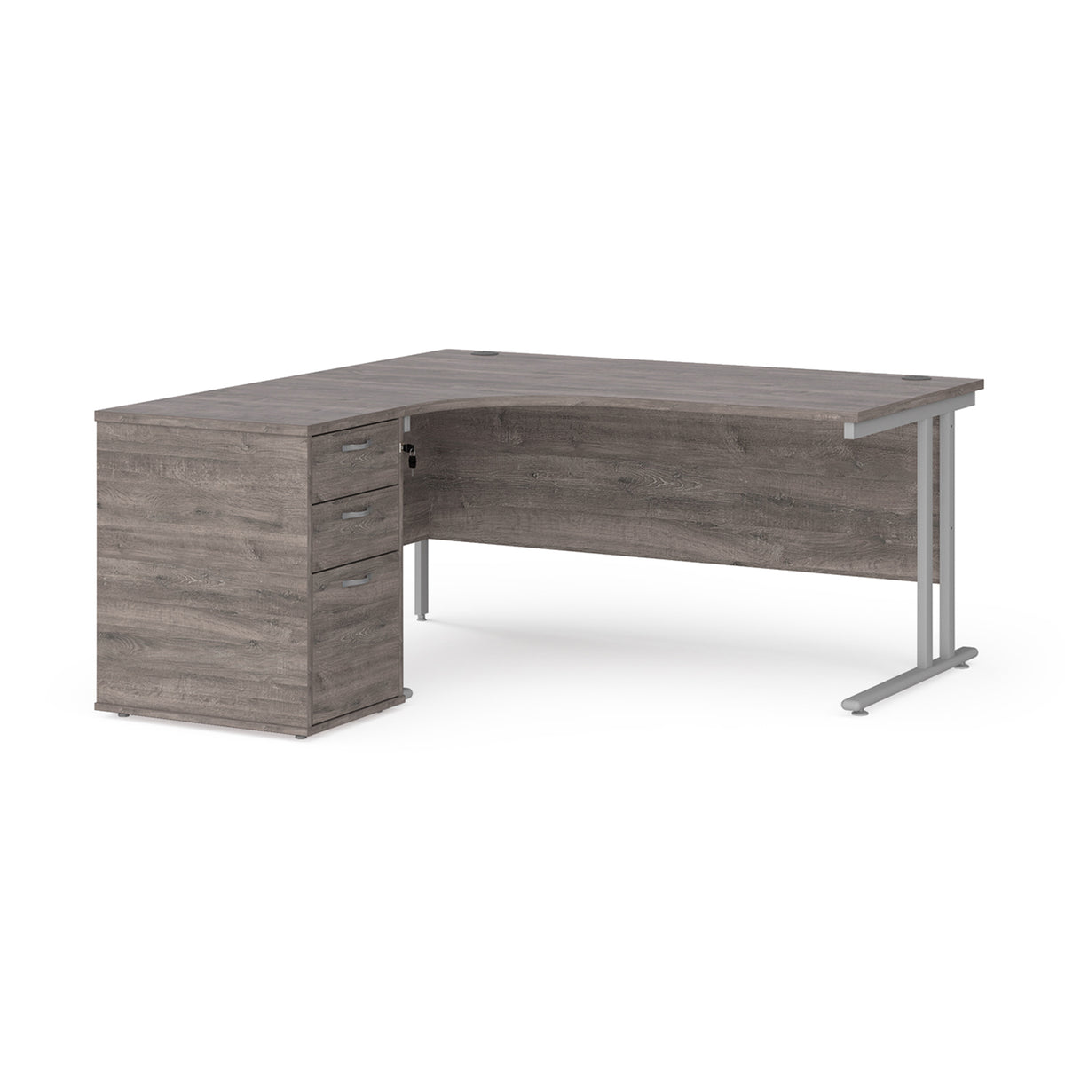 Maestro 25 left hand ergonomic desk 1600mm with silver cantilever frame and desk high pedestal - Grey Oak - view 1