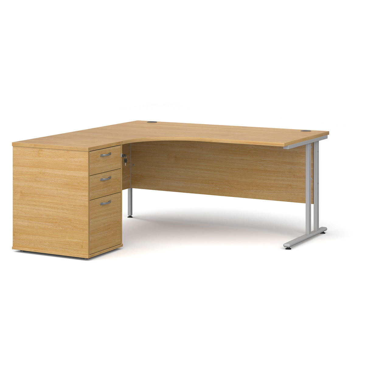 Maestro 25 left hand ergonomic desk 1600mm with silver cantilever frame and desk high pedestal - oak - view 1